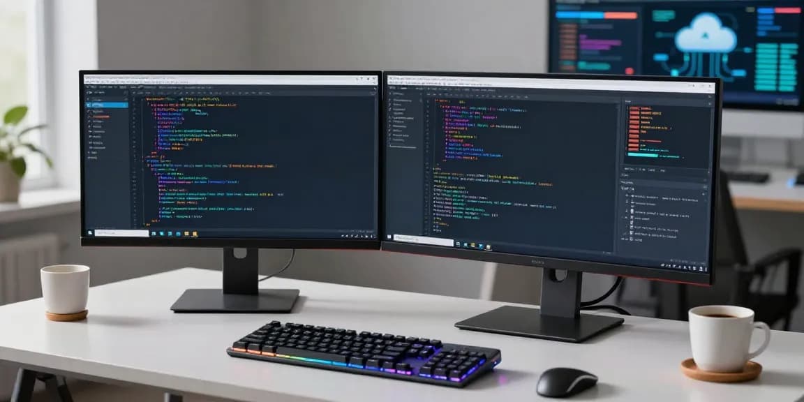 MB66 software development workspace with advanced coding setup, cloud computing tools, and AI elements.