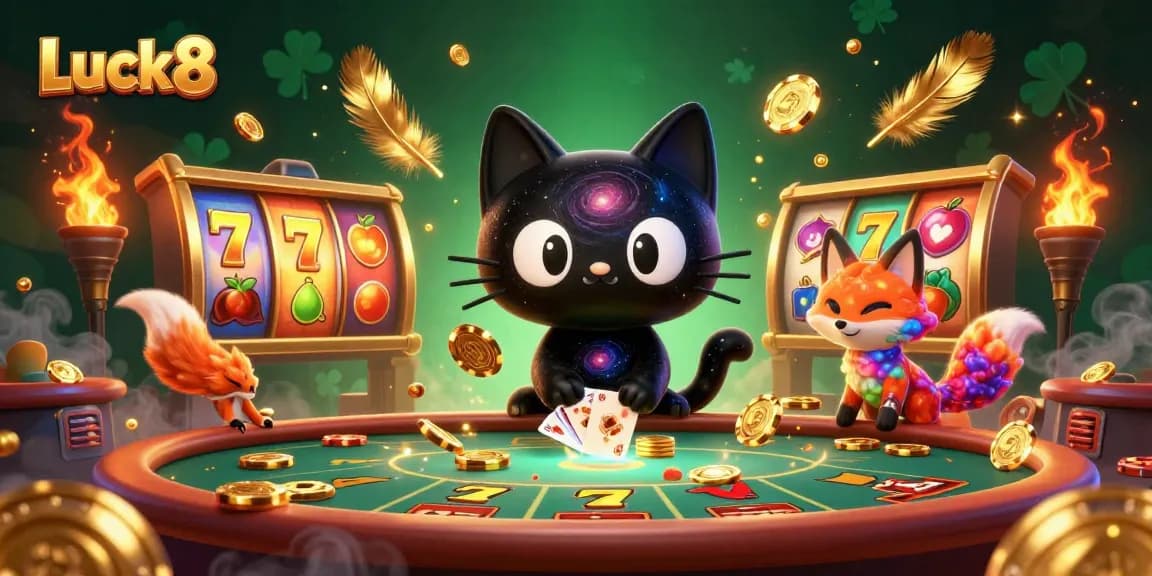 Luck8 dazzles players with golden chips and lucky slot reels in a vibrant cosmic casino.