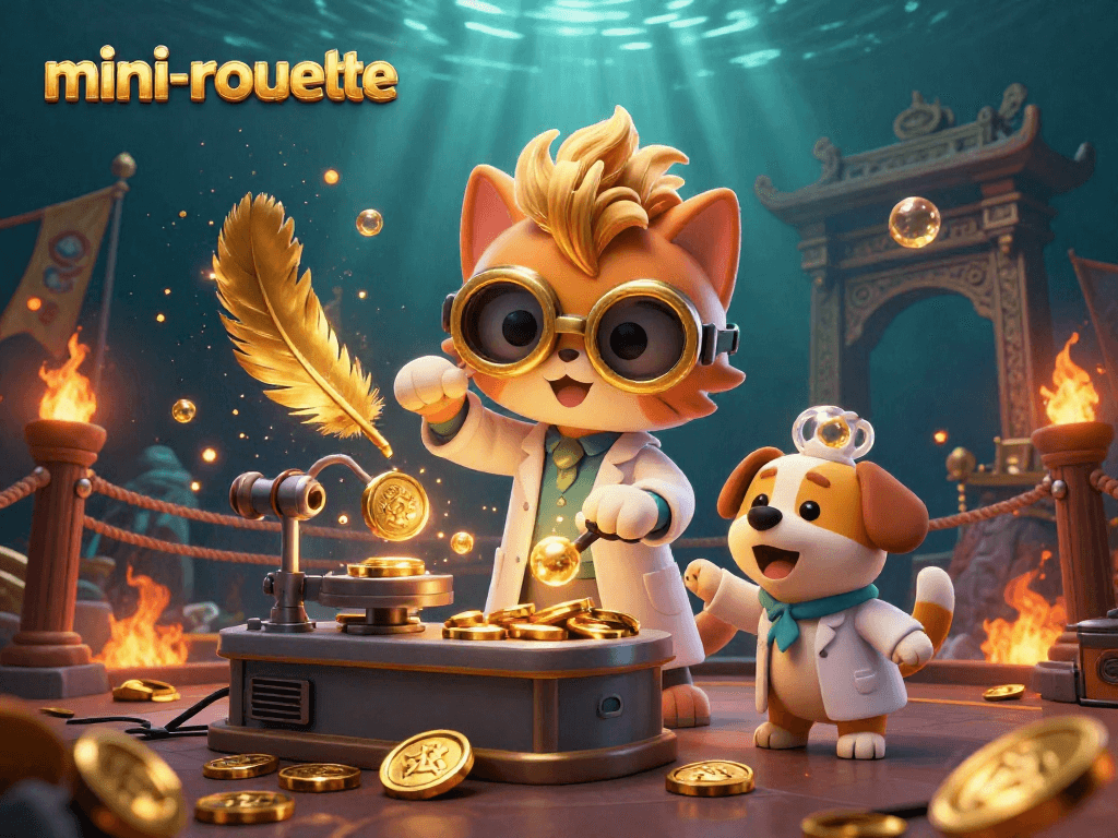 Experience the thrill of mini-roulette with an exciting scene featuring a mad scientist cat and loyal dog amidst golden coins and vibrant casino elements.