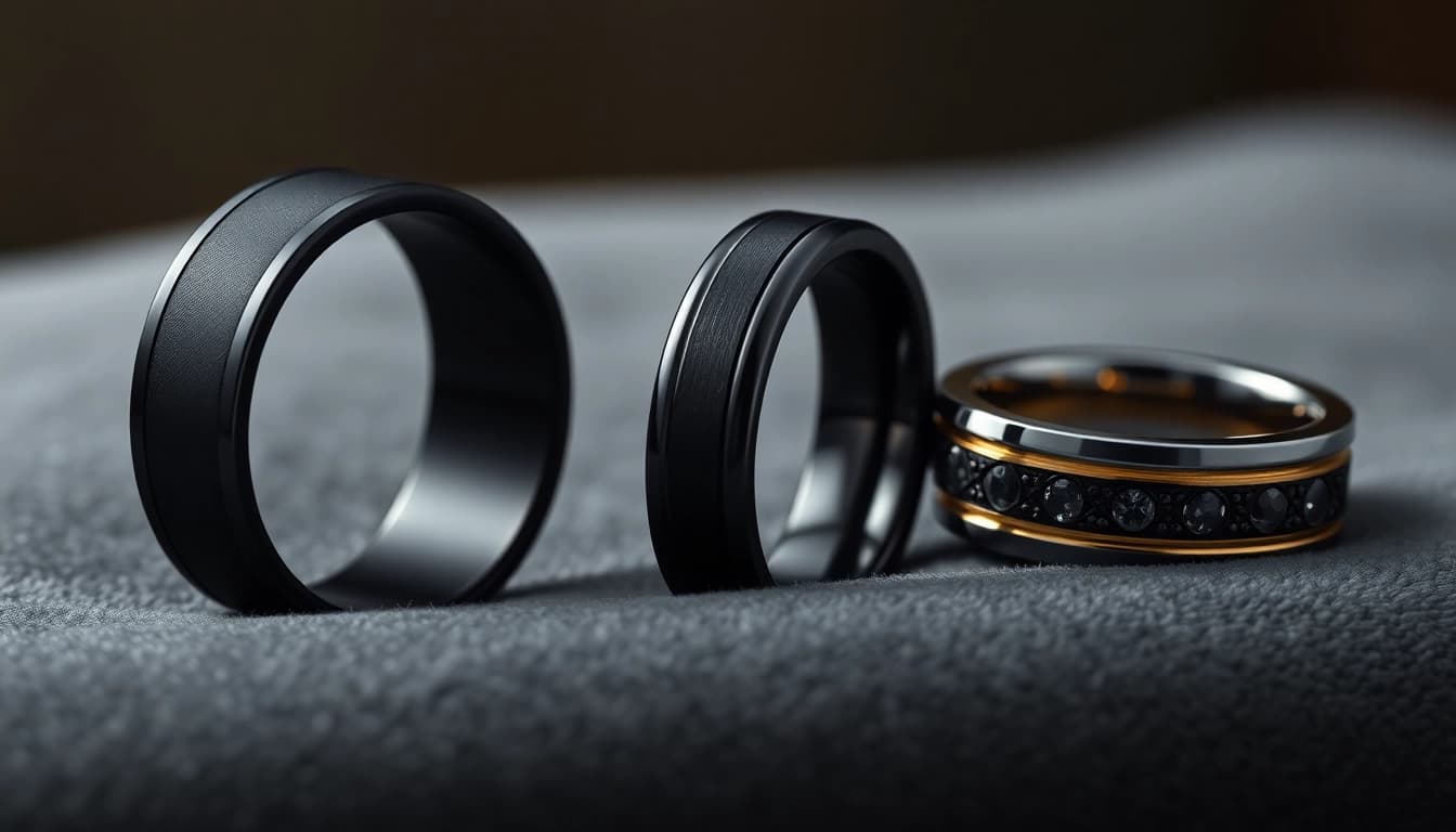 Showcase dark mens wedding bands with elegant designs and stunning textures displayed vividly.