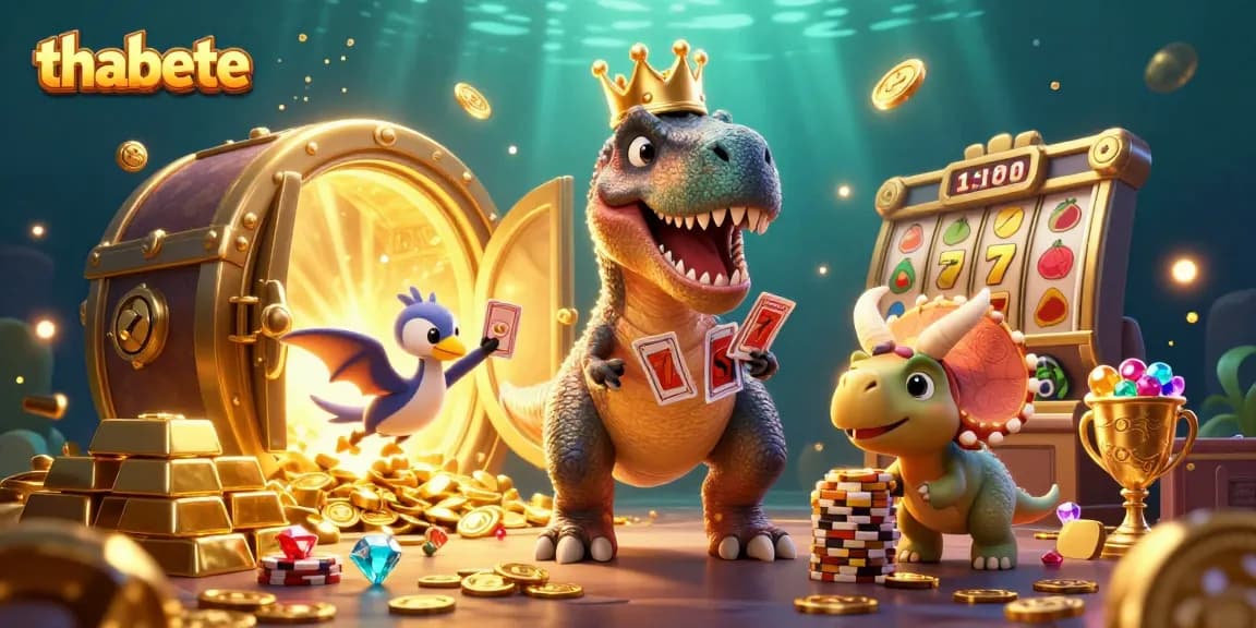 Join the thrilling action at thabete as a T-Rex shuffles cards surrounded by treasures!