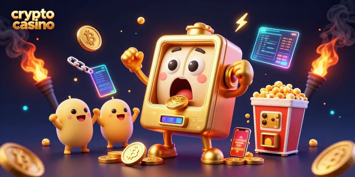 Un casino crypto où une machine à sous dorée rencontre un jackpot sous un flot de pièces, accompagné de joyeuses machines à sous.