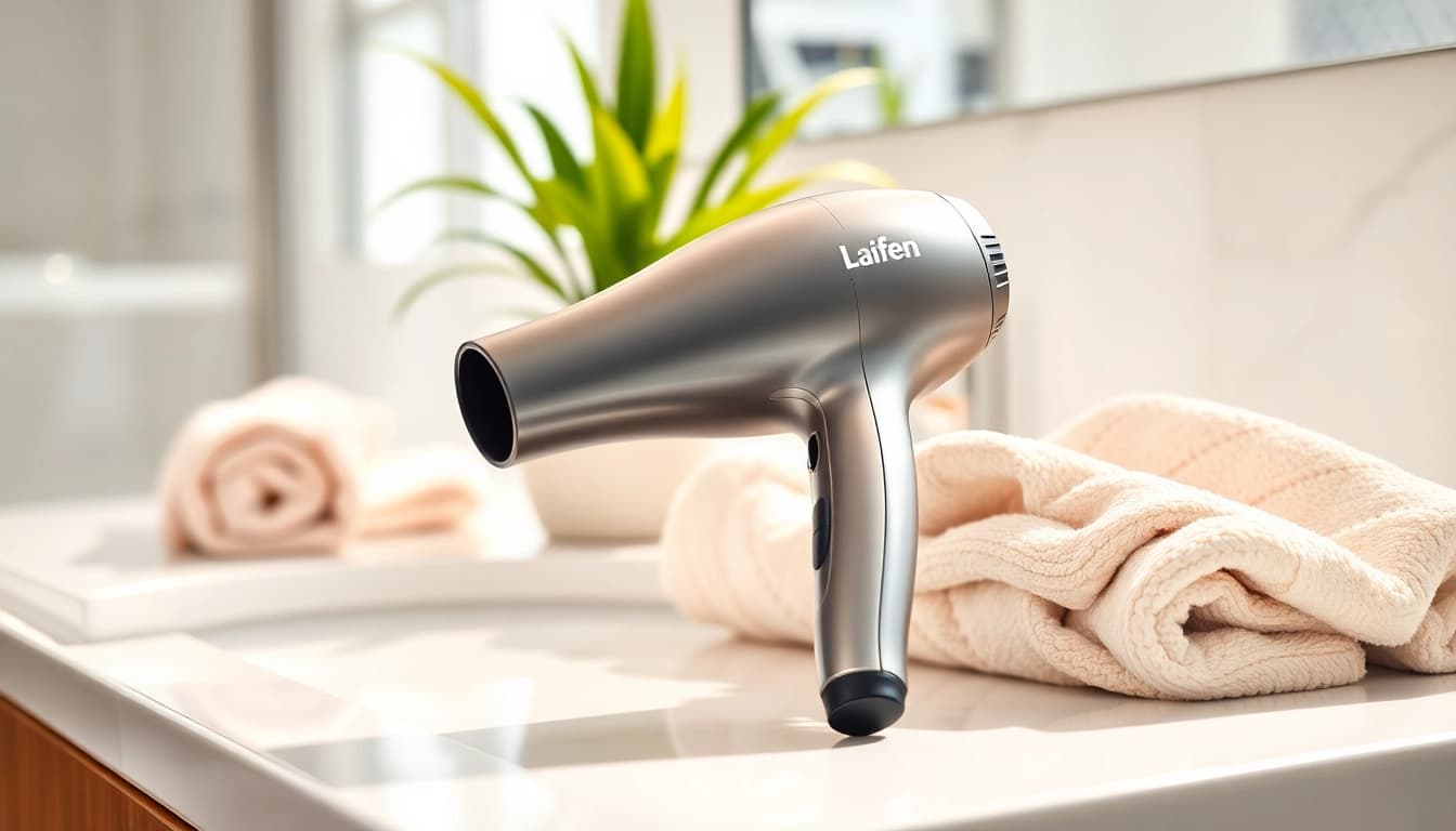 Showcase the sleek Laifen SE hair dryer for effective styling in any bathroom setting.