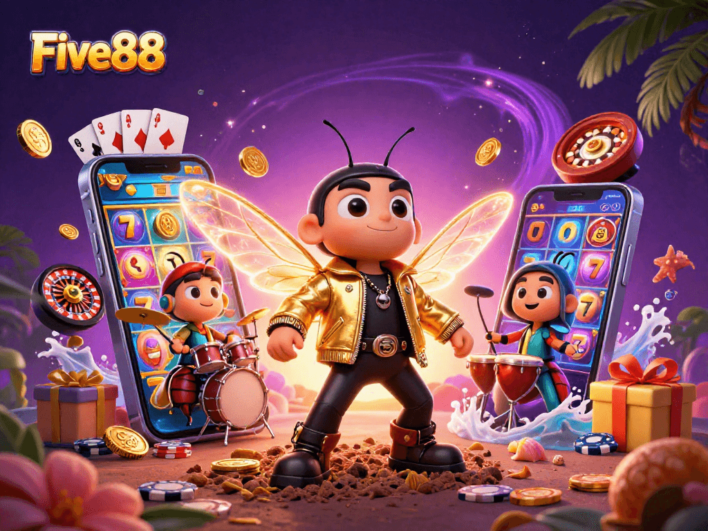 Five88 showcases a rock star cicada in a vibrant casino setting filled with slot games and action.