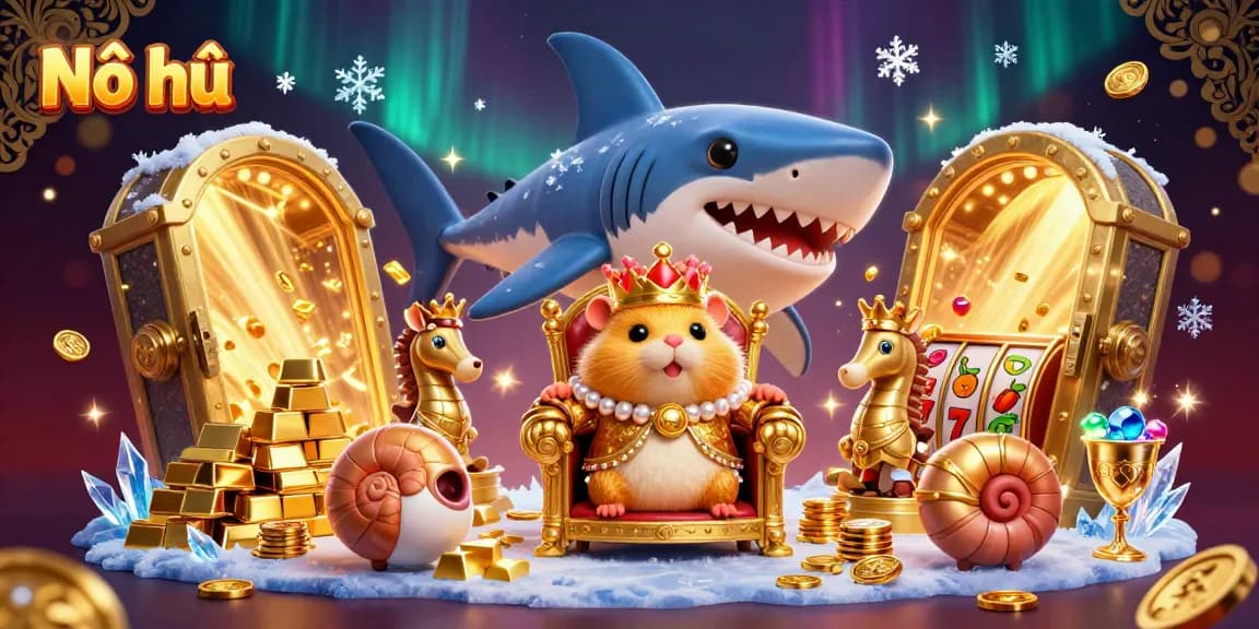 Nổ hũ jackpot scene with a golden hamster king and treasures, featuring vibrant slot themes.