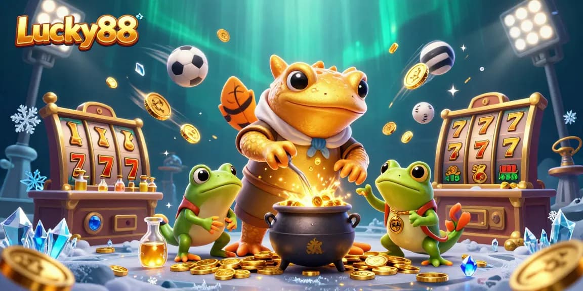 Lucky88 showcases a magical scene with a golden salamander alchemist transmuting coins amidst dynamic sports elements.