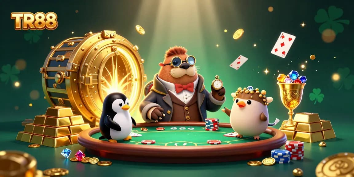 Play card games at TR88, featuring a jolly walrus and a sophisticated penguin dealer in a vibrant casino.