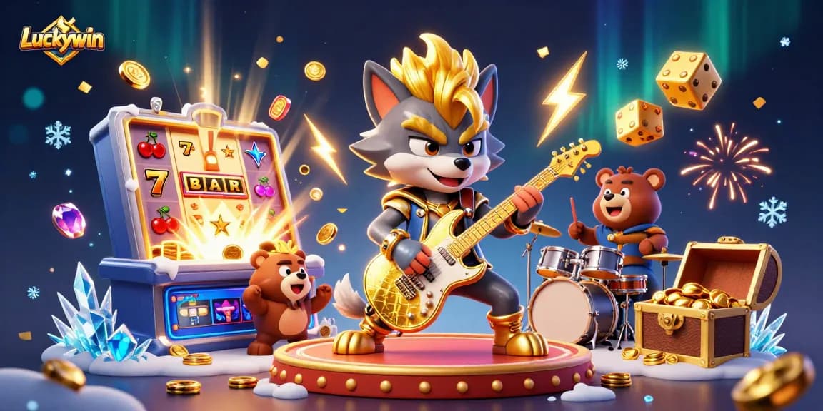 Luckywin sparks excitement with a rock star wolf guitarist and vibrant slot machine action.