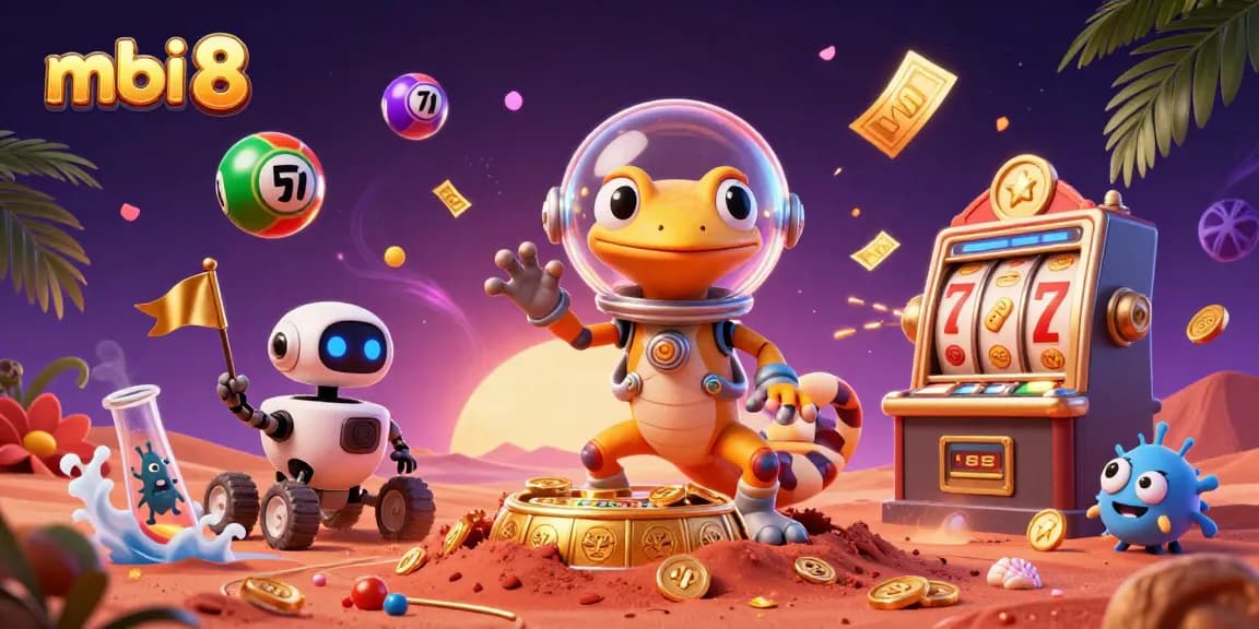 Experience the excitement of mbi 8 with a vibrant 3D casino scene featuring slots and lottery action.