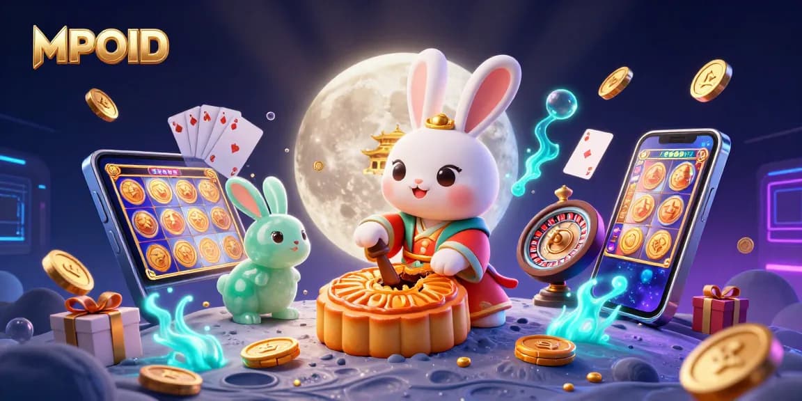 Engage with MPOID in this vibrant scene showcasing moon rabbits celebrating with poker chips, energizing gameplay elements.