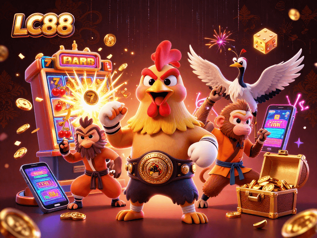 Immerse in the excitement of LC88 with a dynamic casino illustration featuring vibrant characters and jackpot symbols.