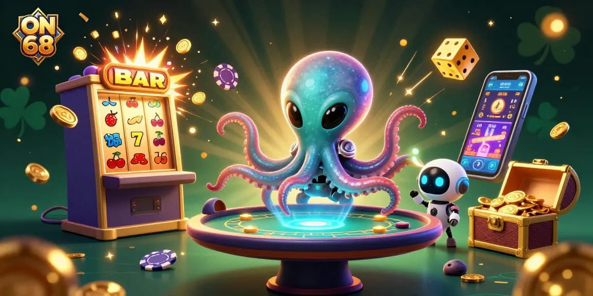Engage in thrilling gameplay at ON 68 with a vibrant alien octopus dealing poker among jackpot treasures.