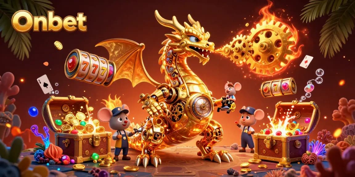 Experience thrilling gameplay at Onbet with our captivating slots and golden dragon illustration.