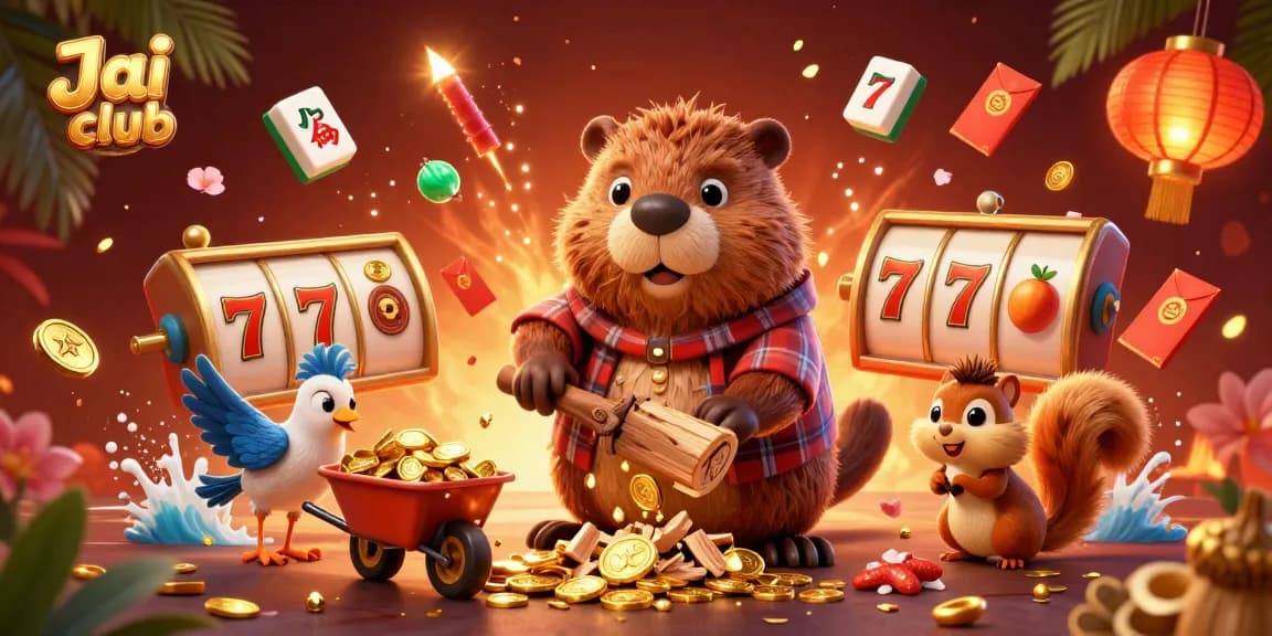 Experience thrilling gameplay on Jai club with a colorful illustration of characters celebrating wins amidst vibrant casino elements.