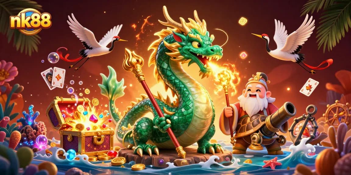 nk88 offers thrilling gaming as an emerald dragon breathes fire amid treasure and lucky symbols