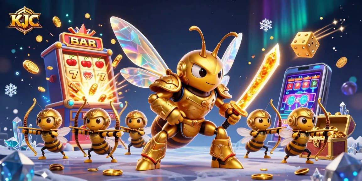 KJC players spin a giant slot machine jackpot while battling with samurai hornets in an enchanting 3D scene.