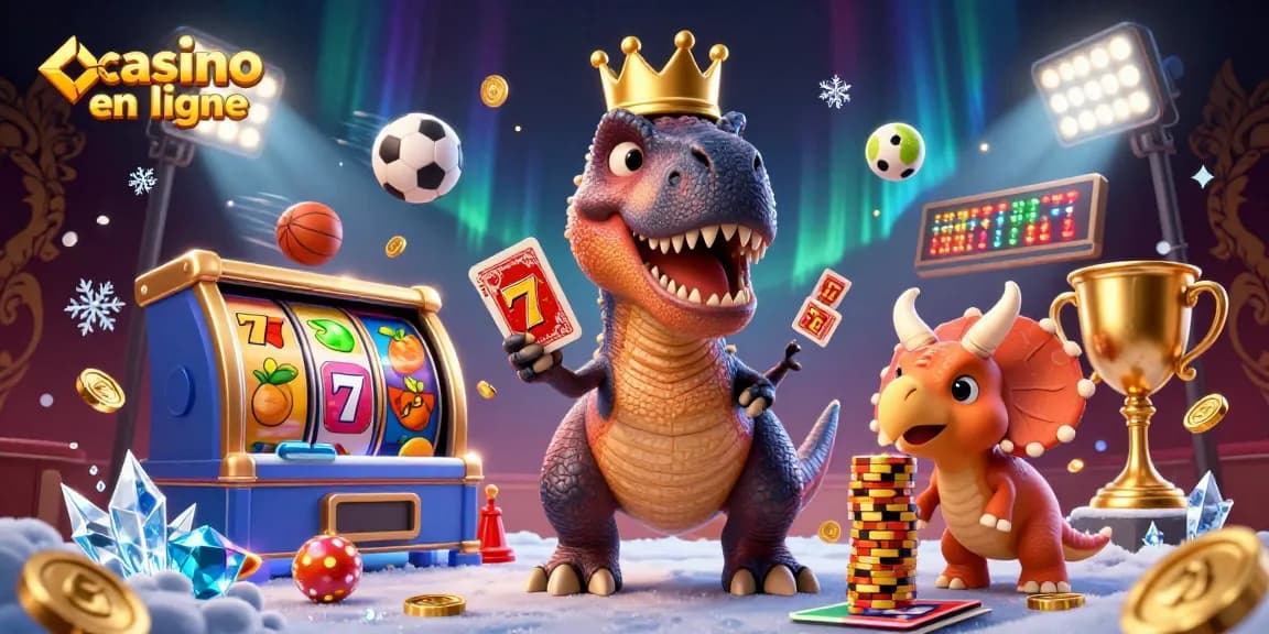 Illustration vibrante de casino en ligne avec un T-Rex jouant aux cartes et des jetons d'or empilés.