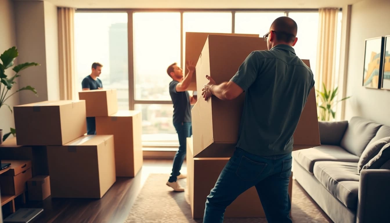 Small apartment movers Phoenix are performing efficient packing in a modern urban setting.