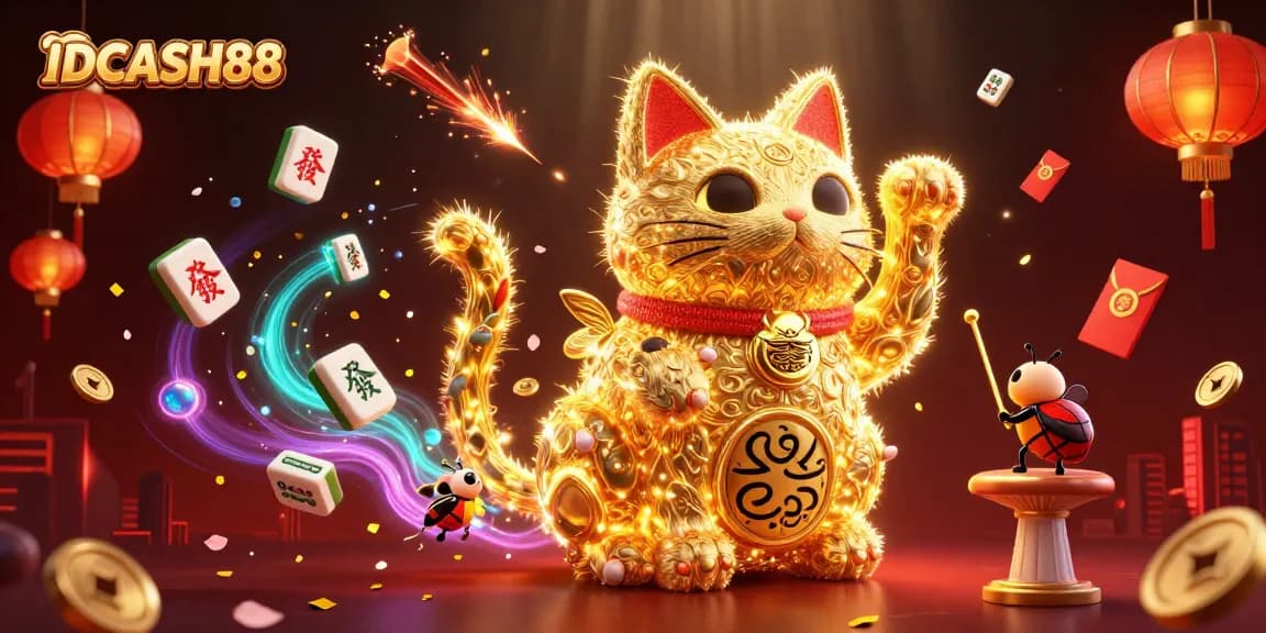 IDCASH88 showcases a vibrant 3D scene with a lucky cat and golden fireflies amidst casino-themed elements.