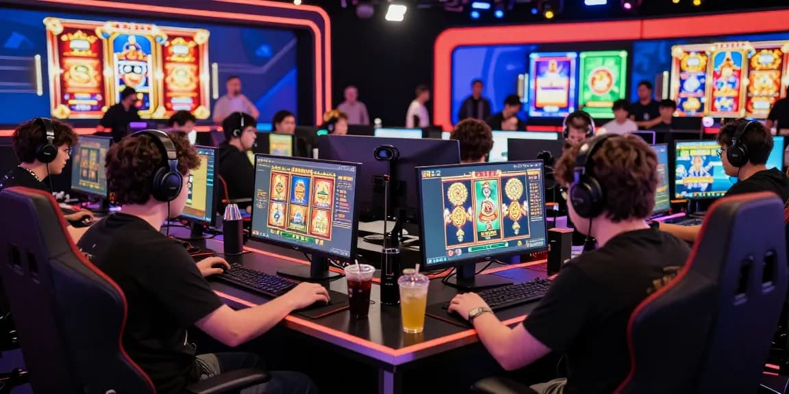Kompetisi slot online di CABEMANIS88 dengan pemain terlibat, suasana arena esports yang dinamis.