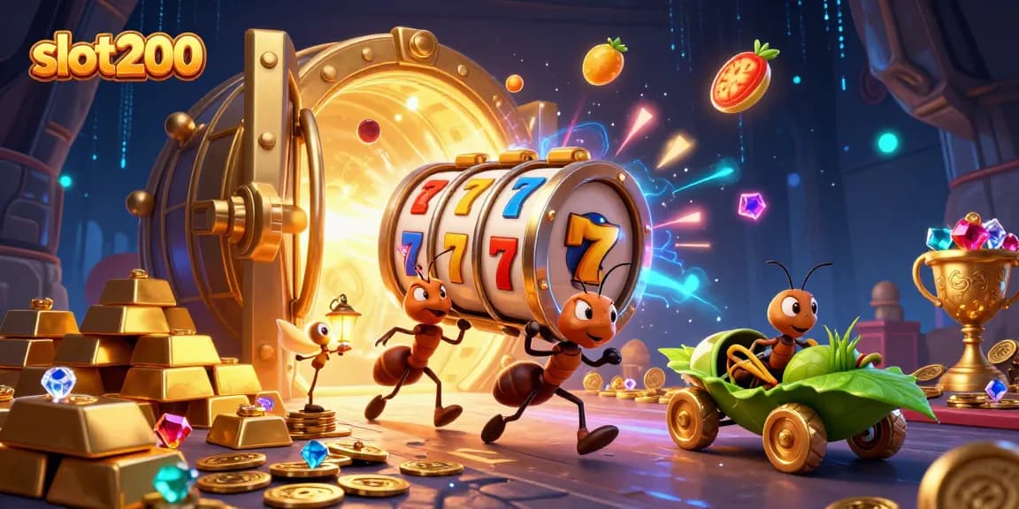 Slot200 membawa keseruan permainan slot dengan simbol keberuntungan dan tumpukan emas.