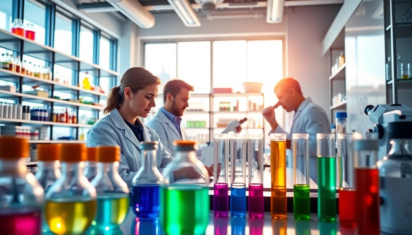 Studying peptides in a laboratory setting with vibrant solutions and focused scientists.