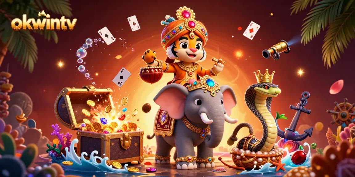 Experience thrilling gameplay with okwintv's colorful online casino scene featuring 3D characters and casino elements.