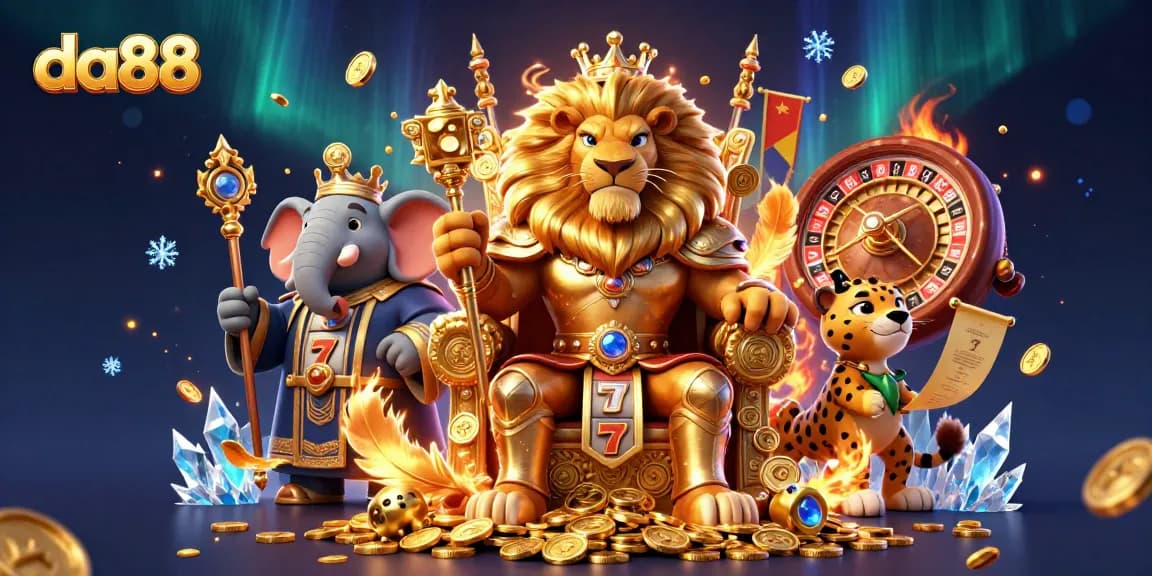 Experience the thrill of DA88 slots with vibrant lion, elephant, and cheetah characters in a dazzling casino scene.