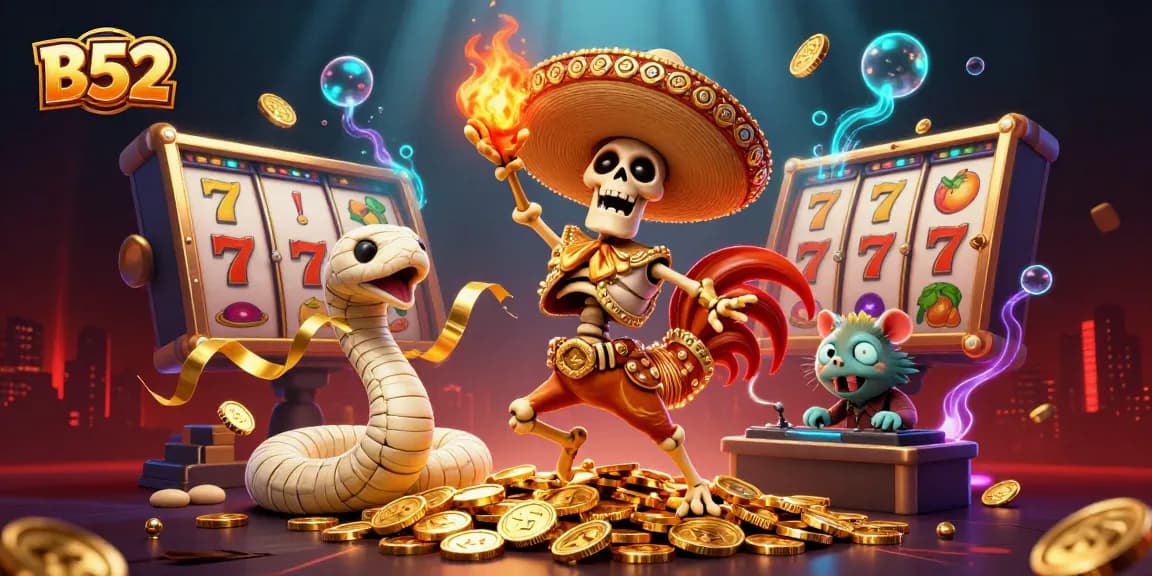 Engage with B52's vibrant casino scene where a skeleton rooster celebrates on golden coins amidst dynamic slot elements.