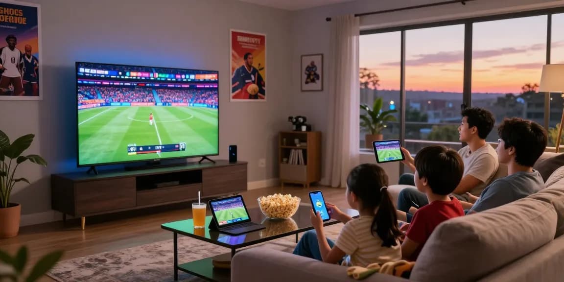 Family enjoying live sports on TV with BlueSharkIPTV in a cozy living room.