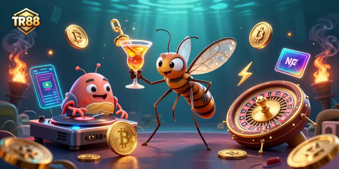 TR88 showcases a vibrant 3D casino scene merging cryptocurrencies and vintage iconography.