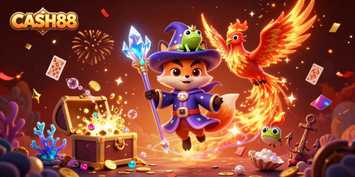 Engage in the magical world of CASH88 with mystical characters amidst casino-themed treasures and vibrant effects.