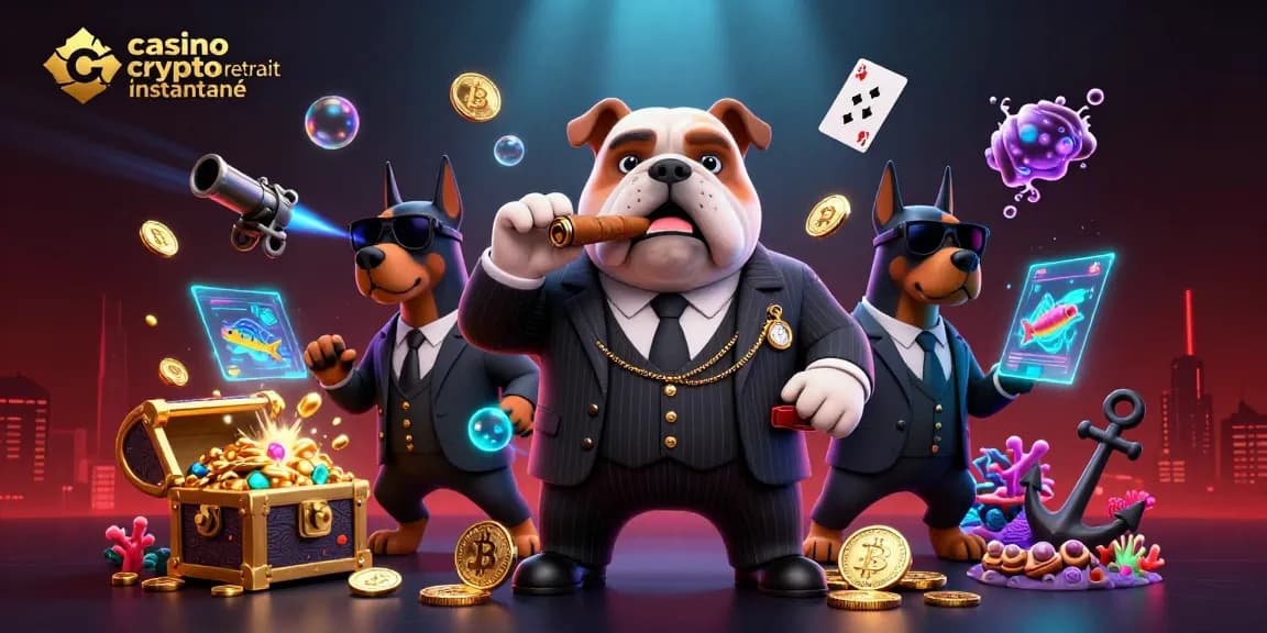 Illustration d'un casino crypto retrait instantané mettant en scène un bulldog mafieux avec des dobermans, entourés de pièces de cryptomonnaie.