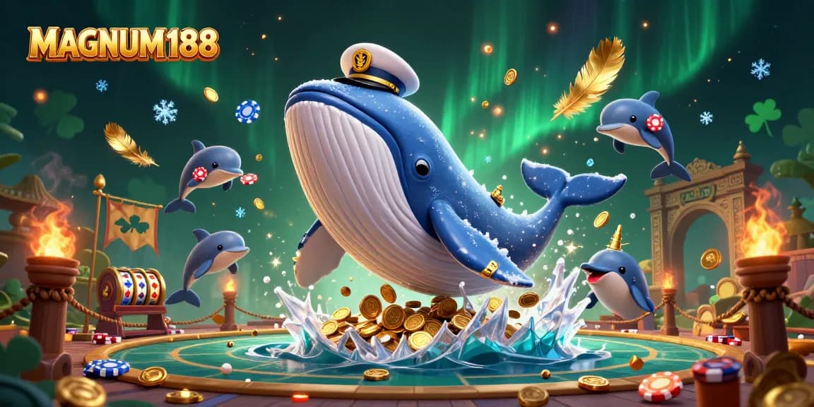 Join the excitement at MAGNUM188 with a whale, narwhal, and dolphins celebrating casino wins!