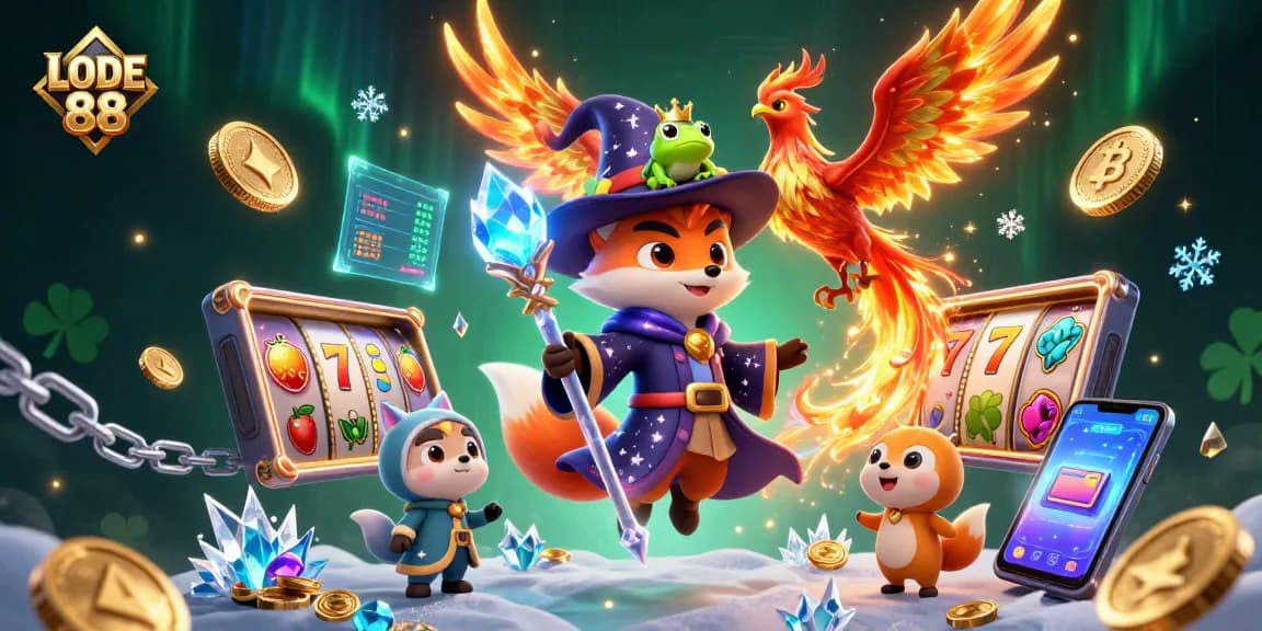 Experience thrilling wins with LODE 88 as colorful slot symbols flash around magical characters.