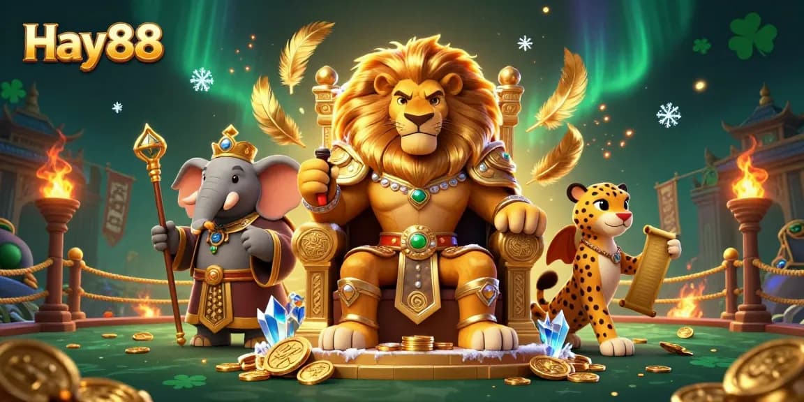 Experience the thrilling gaming world at Hay88 featuring a lion king, elephant advisor, and cheetah messenger amidst gold coins and exciting casino elements.