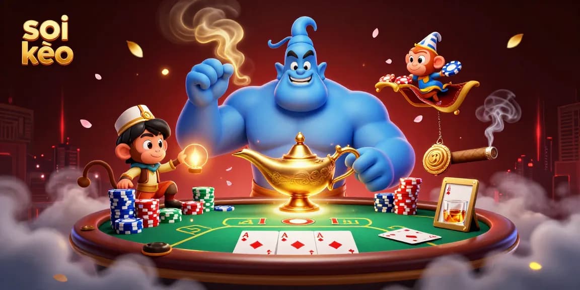Engage in thrilling soi kèo moments with a dynamic scene of a genie, monkey, and poker elements.