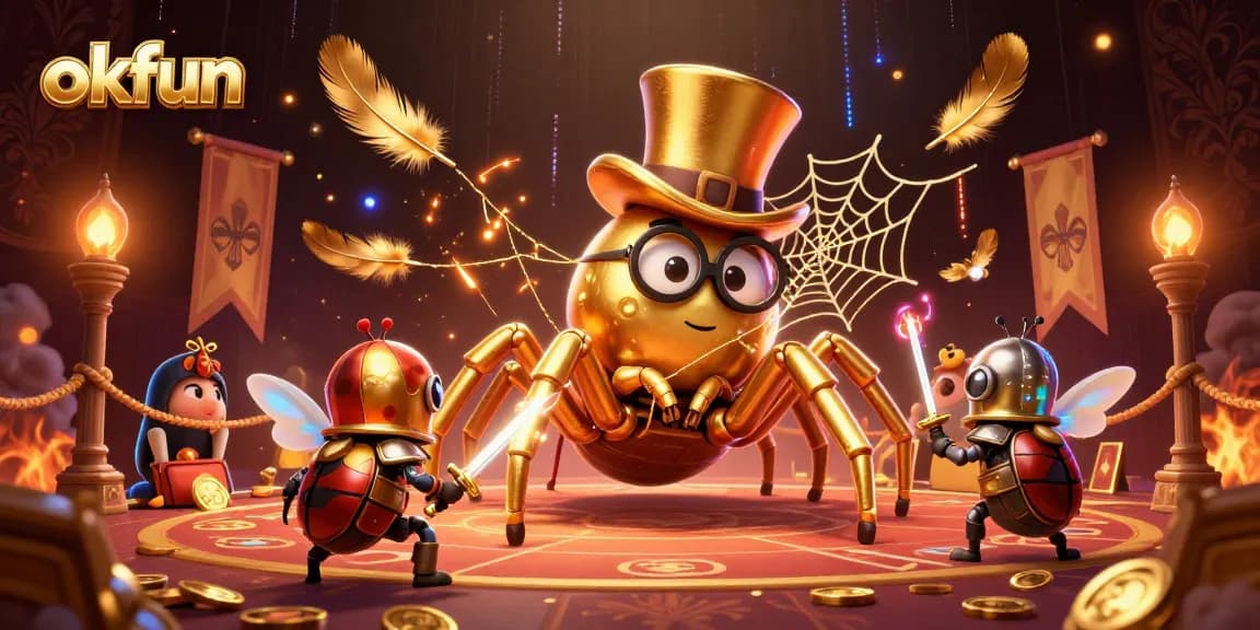 Join the excitement at okfun with a golden tarantula weaving victory in a lively casino scene.