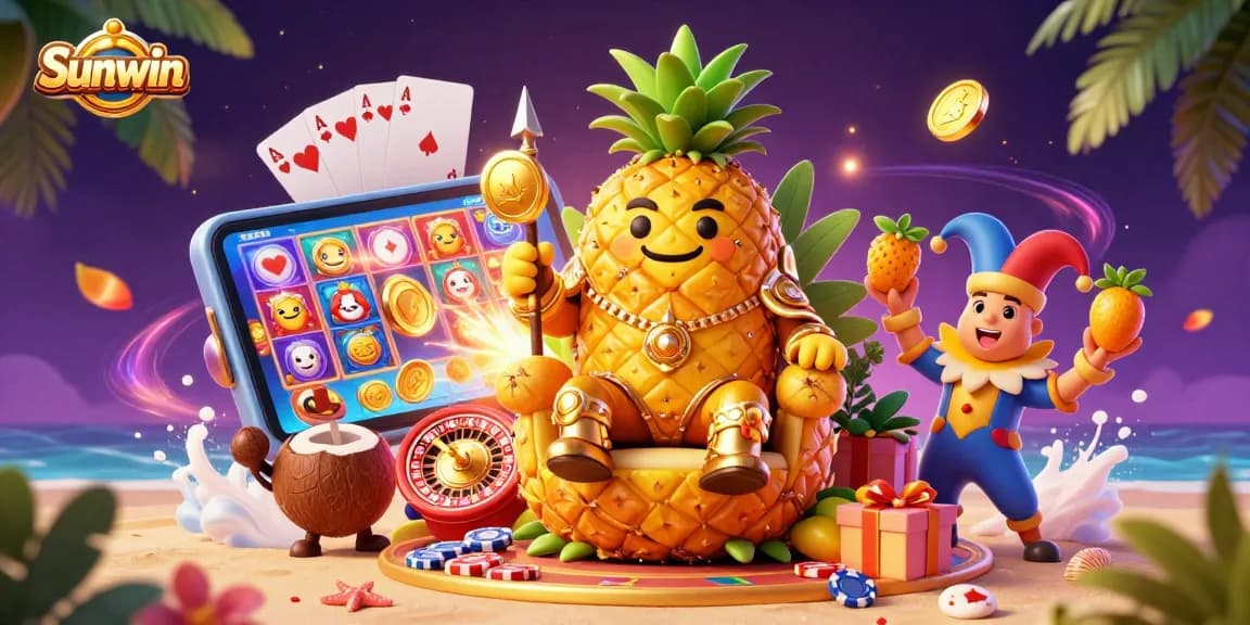 Engage with Sunwin's vibrant beach casino scene showcasing colorful slot games, golden coins, and exciting characters.