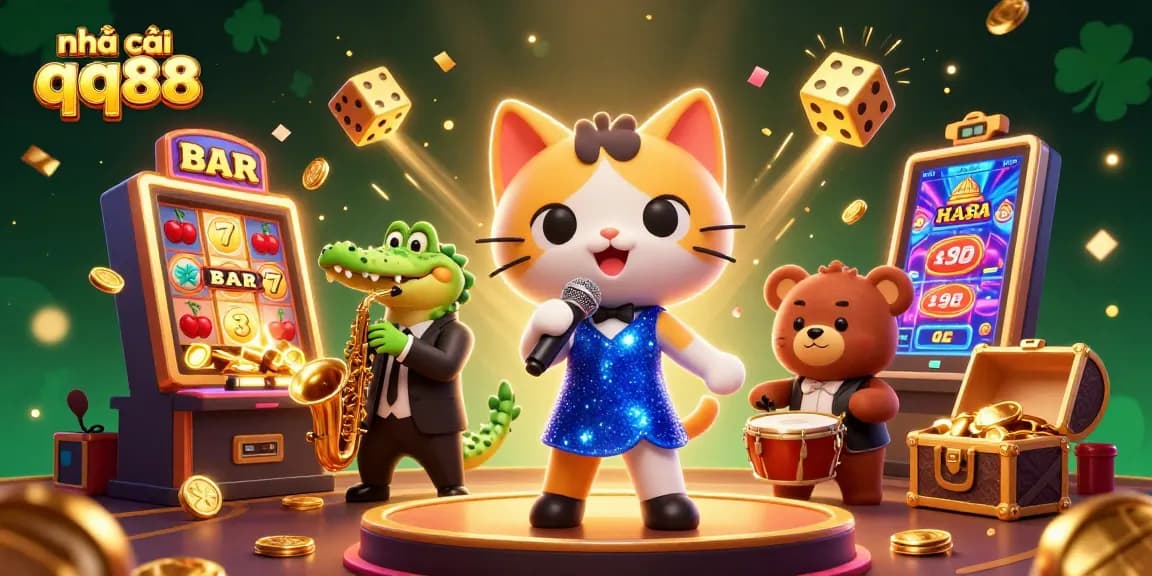 Experience excitement at nhà cái qq88 with a vibrant casino illustration full of characters and gaming elements.