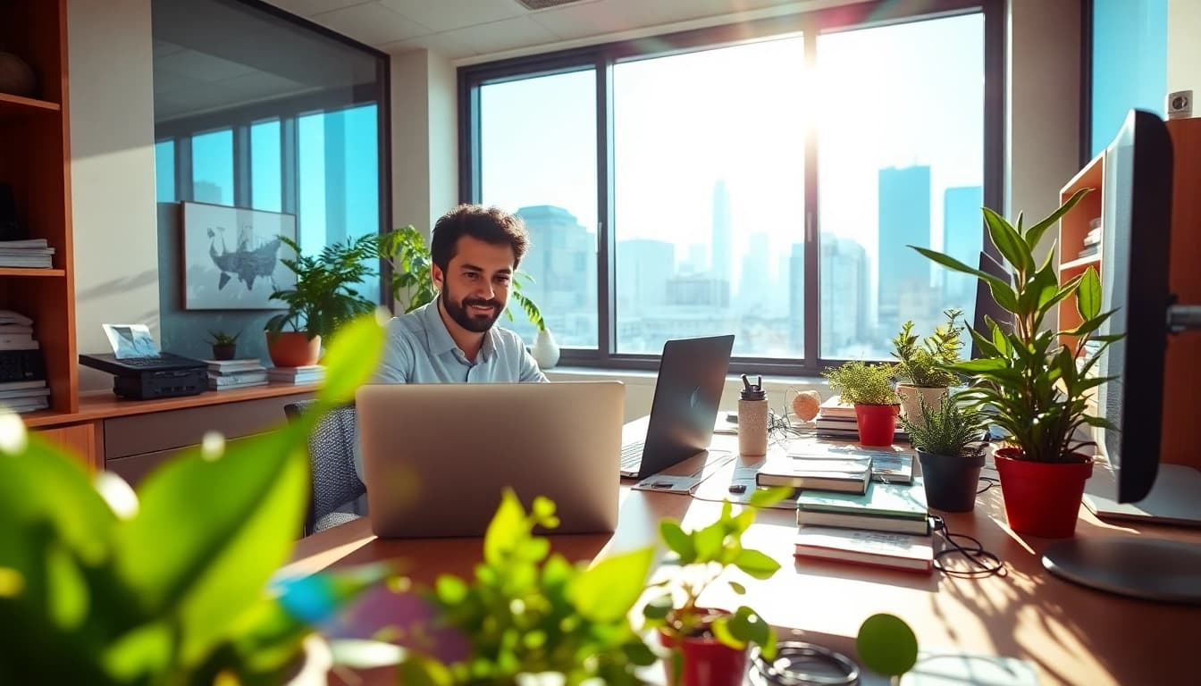 Digital entrepreneur utilizing Editorialge Media resources in a bright, modern workspace.