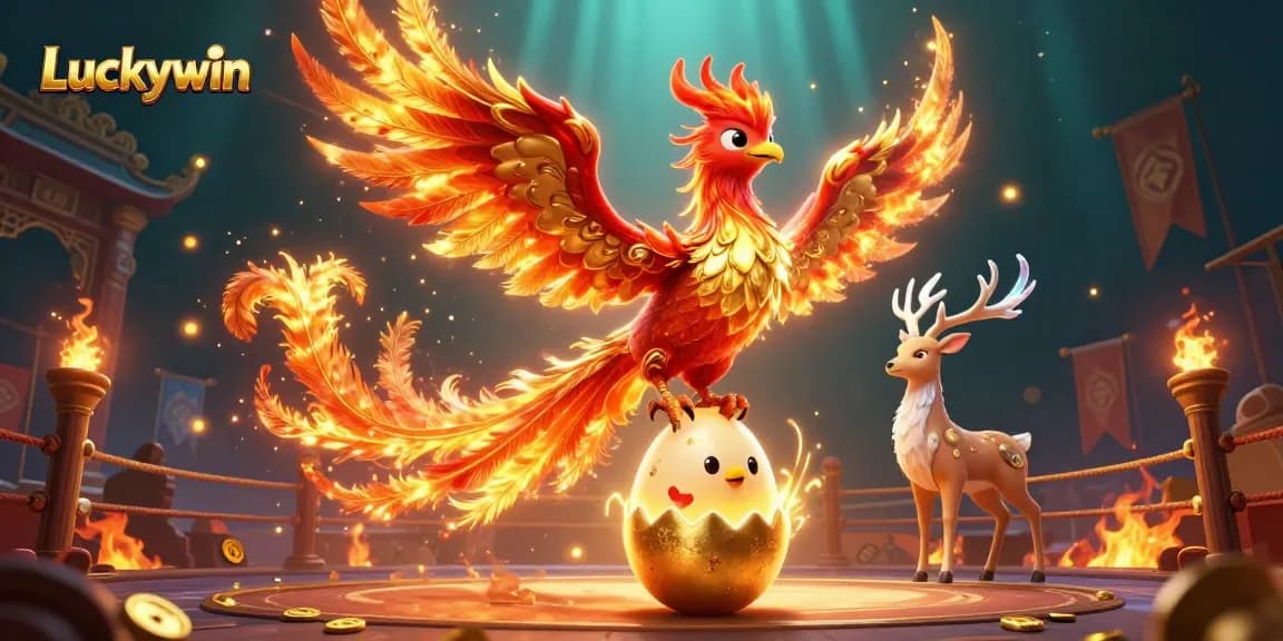 Experience the excitement of the Luckywin casino with vibrant phoenixes, golden coins, and dynamic game elements.