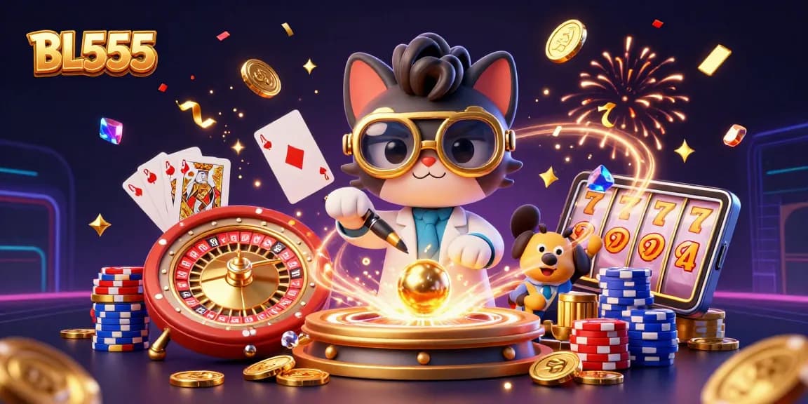 Engage in thrilling gaming experiences with BL555, showcasing vibrant casino elements and lively characters.