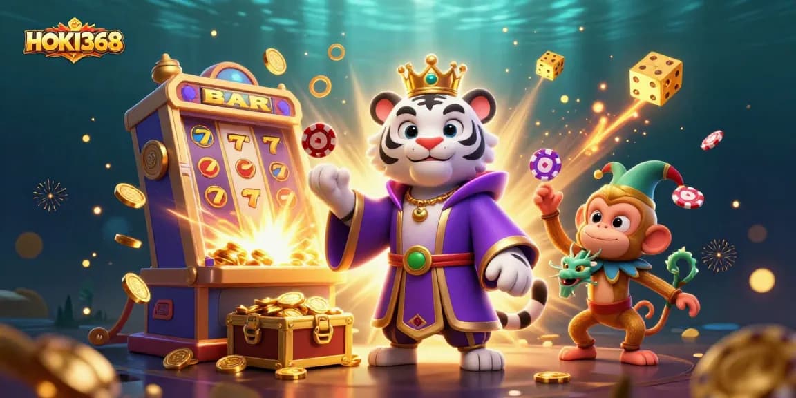Experience HOKI368's thrilling online gaming world with vibrant characters and jackpot excitement.