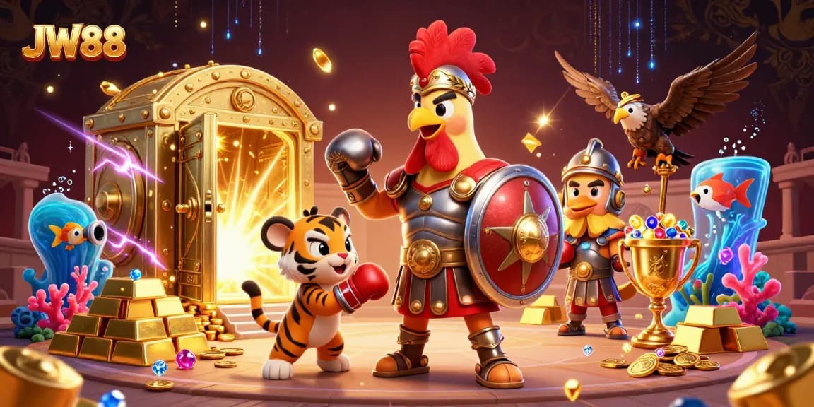 Experience thrilling adventures at JW88 with immersive 3D illustrations showcasing dynamic characters and gameplay.