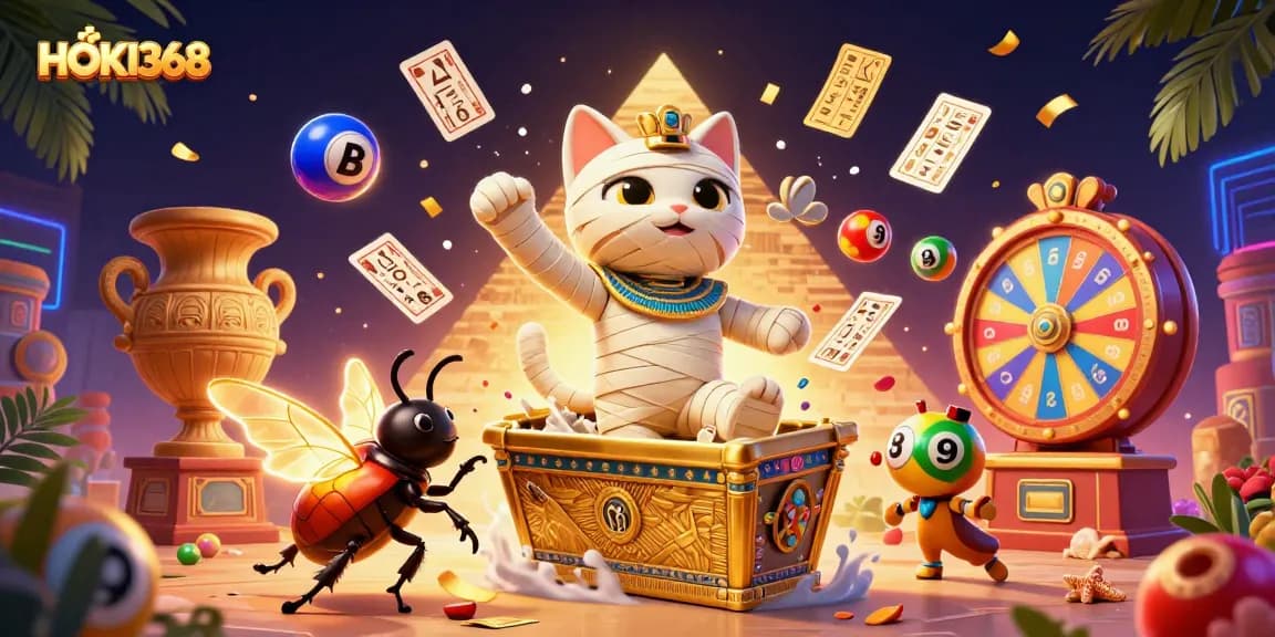 Experience excitement with HOKI368 as a dynamic 3D scene showcases vibrant casino elements.
