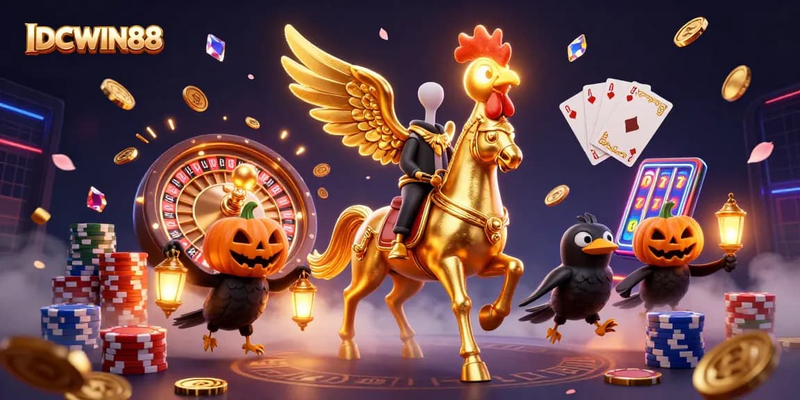 Experience the fun of IDCWIN88 with a golden rooster and its companions in a vibrant casino environment.