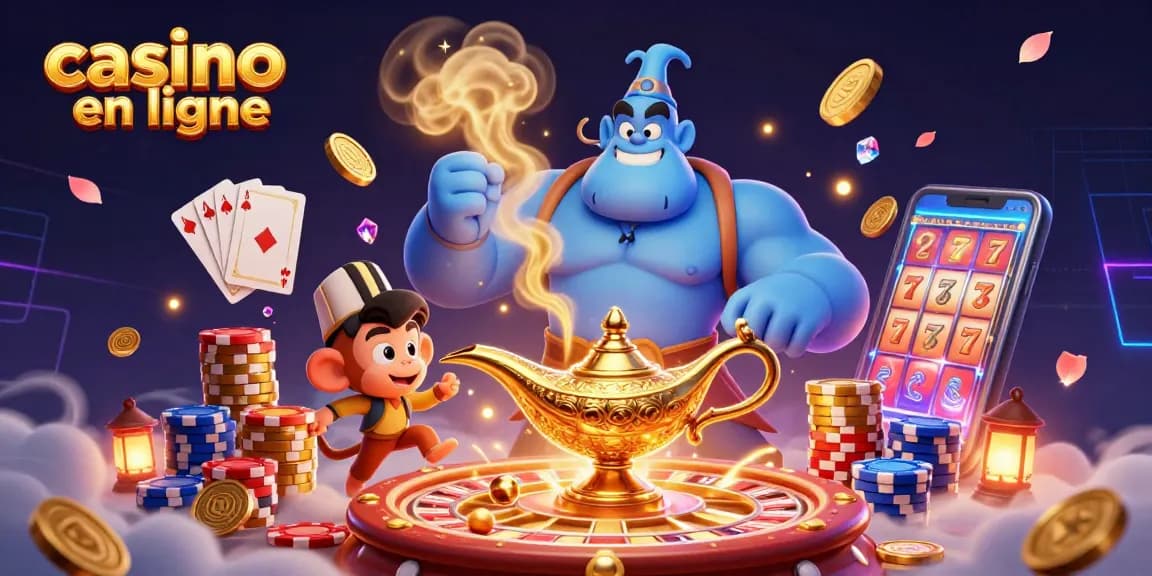 Découvrez le monde du casino en ligne avec une scène dynamique de jeu, envoyant des pièces dorées et des gemmes étincelantes.