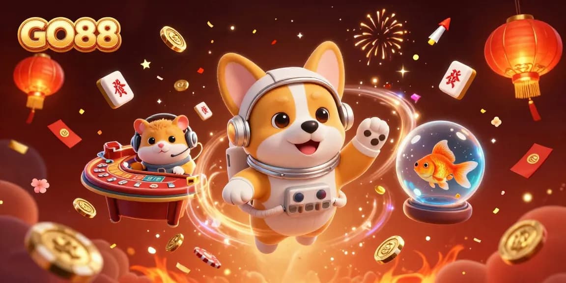 Engage with GO88 in a vibrant casino scene with a corgi astronaut and goldfish, featuring drifting coins and festive elements.