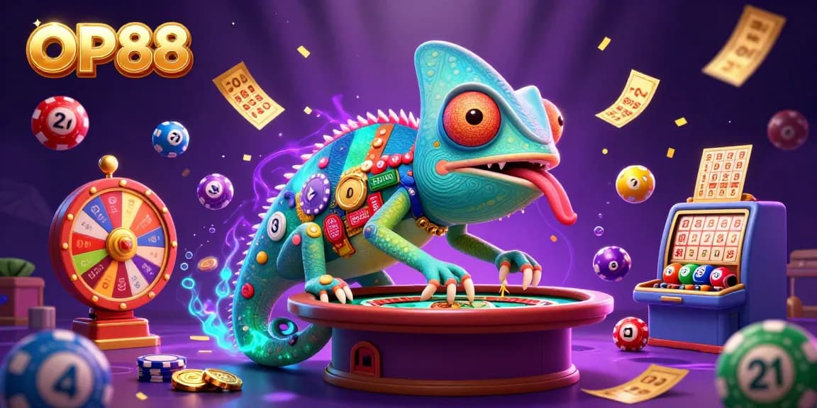 Experience the excitement of OP88 with a vibrant 3D illustration full of dynamic gambling elements.